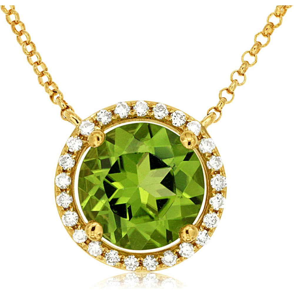 14K Yellow Gold Round Peridot and Diamond Halo Pendant - 2.00 Carat Peridot and 0.14 Carat Total Diamond Weight - Royal Jewelry