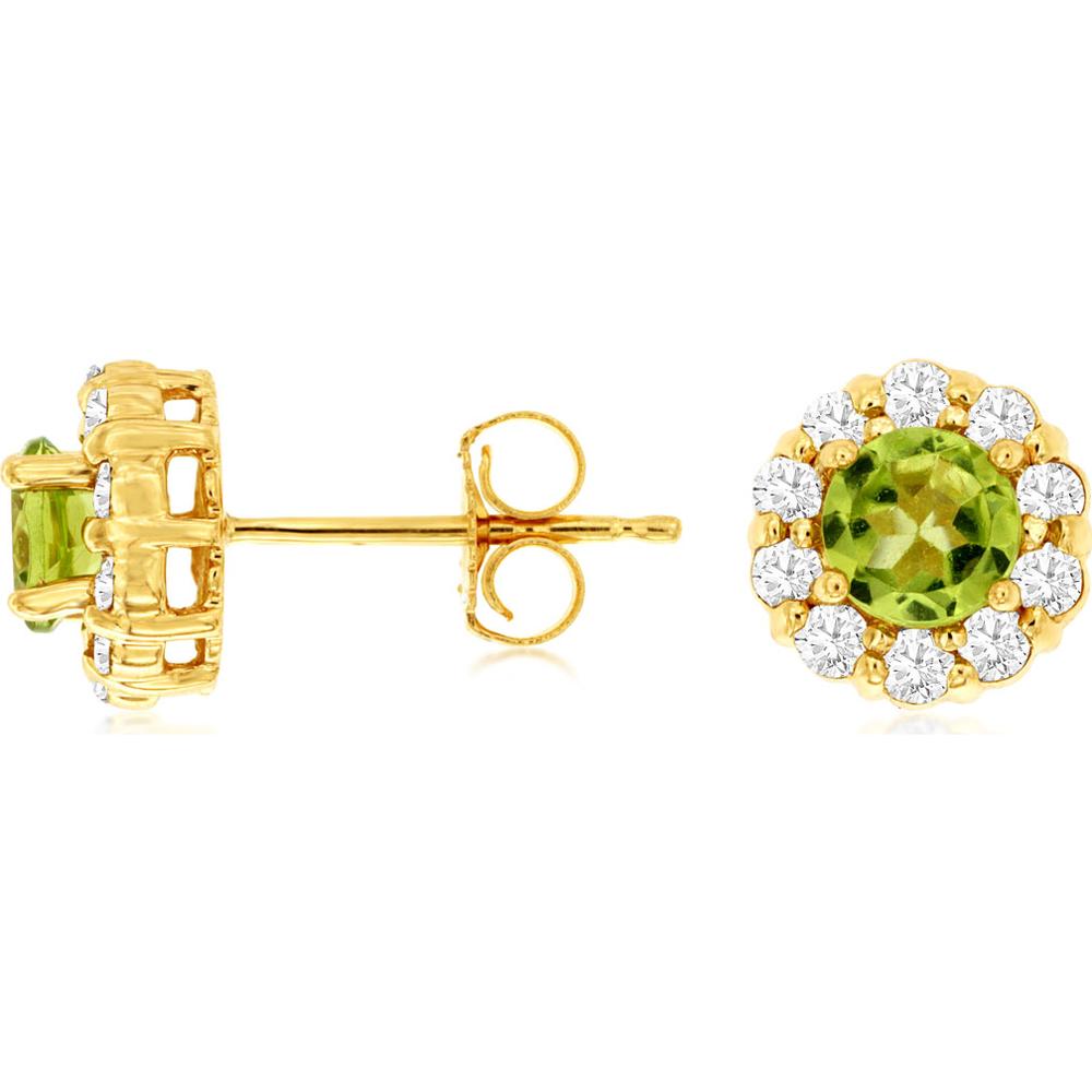 14K Yellow Gold Round Peridot & Diamond Halo Stud Earrings - 0.98 Carat Total Peridot Weight & 0.40 Carat Total Diamond Weight - Royal Jewelry