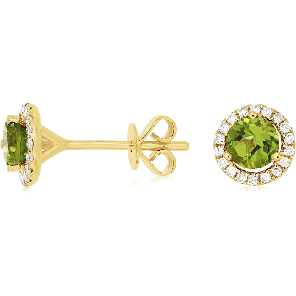 14K Yellow Gold Round Peridot and Diamond Halo Stud Earrings - 1.50 Carat Total Peridot Weight with 0.16 Carat Total Diamond Weight - Royal Jewelry