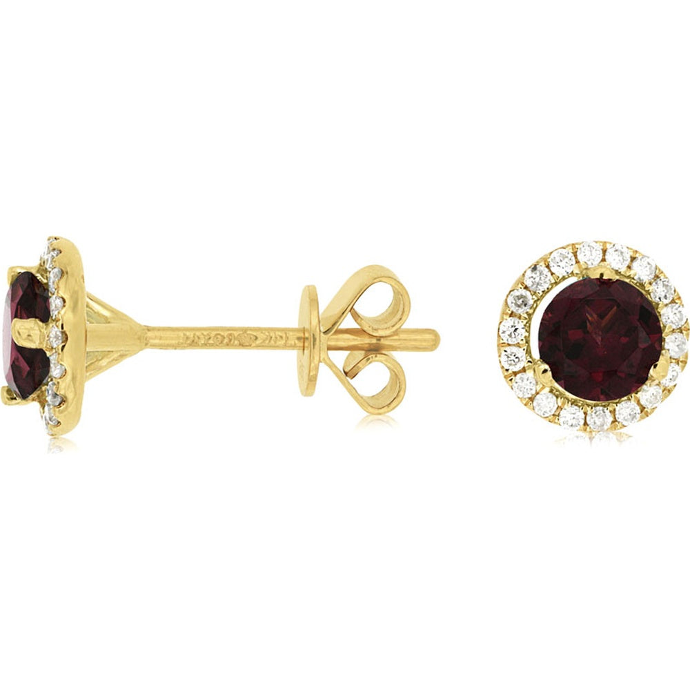 14K Yellow Gold Round Rhodolite Stud Earrings with Diamond Halo - 1.60 Carat Total Rhodolite Weight and 0.16 Carat Total Diamond Weight - Royal Jewelry