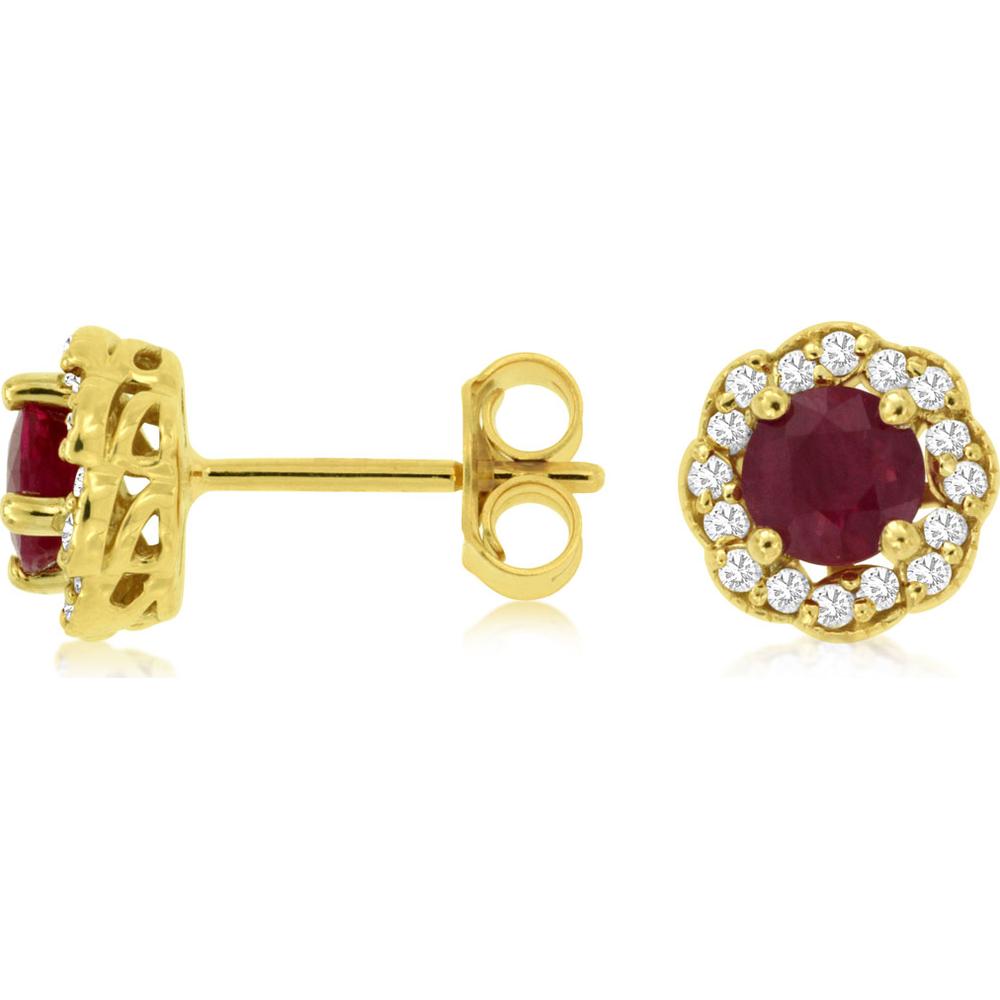 14K Yellow Gold Round Ruby and Diamond Halo Stud Earrings - 0.80 Carat Total Ruby Weight and 0.20 Carat Total Diamond Weight - Royal Jewelry