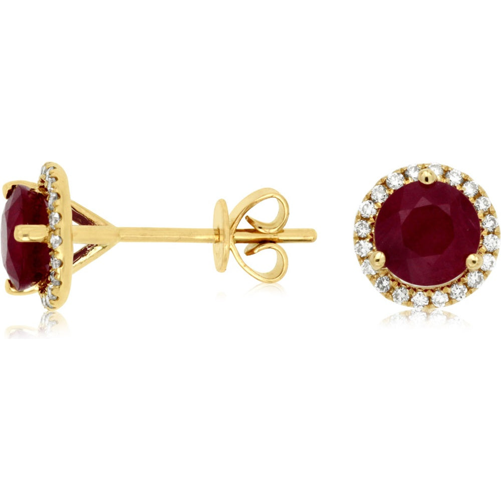 14K Yellow Gold Round Ruby and Diamond Halo Stud Earrings - 1.50 Carat Total Ruby Weight and 0.16 Carat Total Diamond Weight - Royal Jewelry