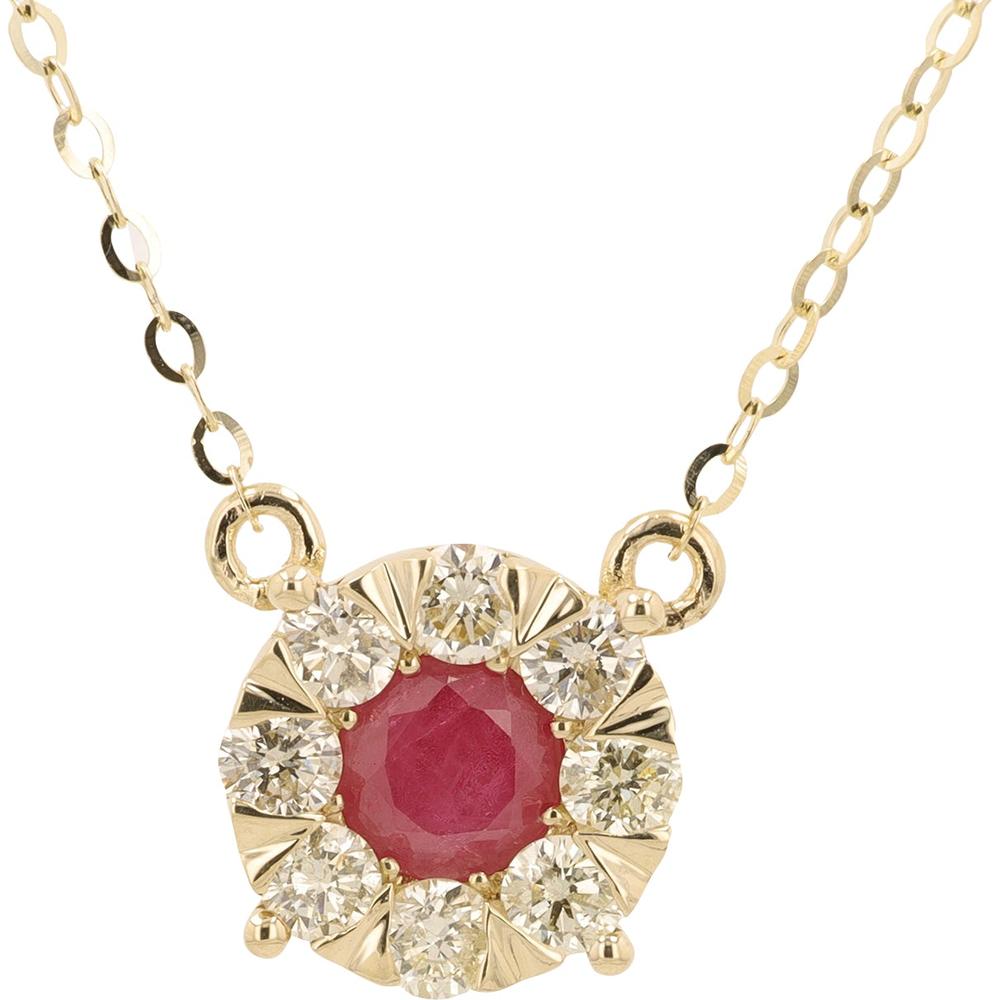 14K Yellow Gold Round Ruby Halo Necklace with Prong - Set Diamonds - 0.50 - 0.65 Carat Ruby, 0.60 Carat Diamonds