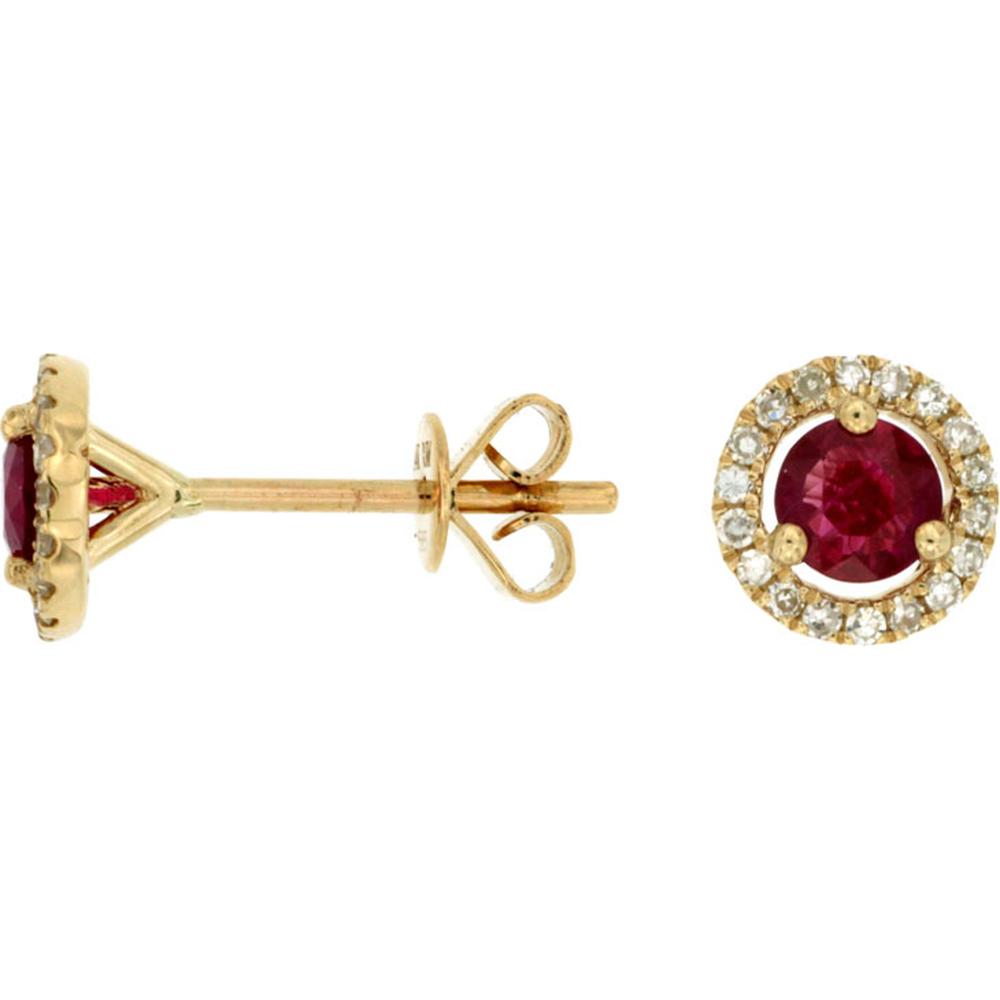 14K Yellow Gold Round Ruby Stud Earrings with Diamond Halo - 0.80 Carat Total Ruby Weight and 0.14 Carat Total Diamond Weight - Royal Jewelry