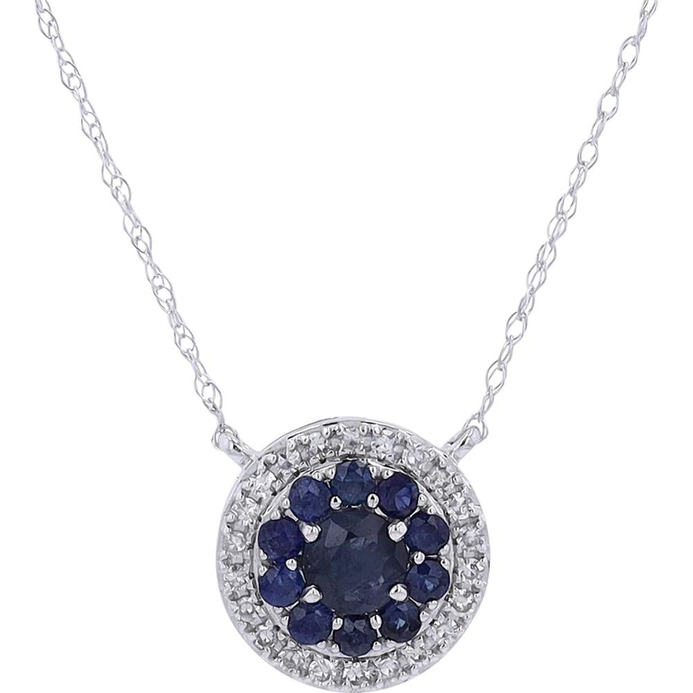 14K Yellow Gold Round Sapphire & Diamond Halo Pendant Necklace - 0.50 - 0.65 Carat Sapphire, 0.12 Carat Diamonds