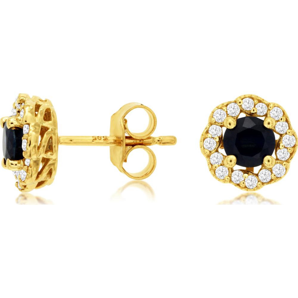 14K Yellow Gold Round Sapphire and Diamond Halo Stud Earrings - 0.90 Carat Total Sapphire Weight, 0.20 Carat Total Diamond Weight - Royal Jewelry