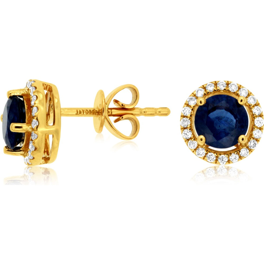 14K Yellow Gold Round Sapphire and Diamond Halo Stud Earrings - 1.10 Carat Total Sapphire Weight and 0.15 Carat Total Diamond Weight - Royal Jewelry