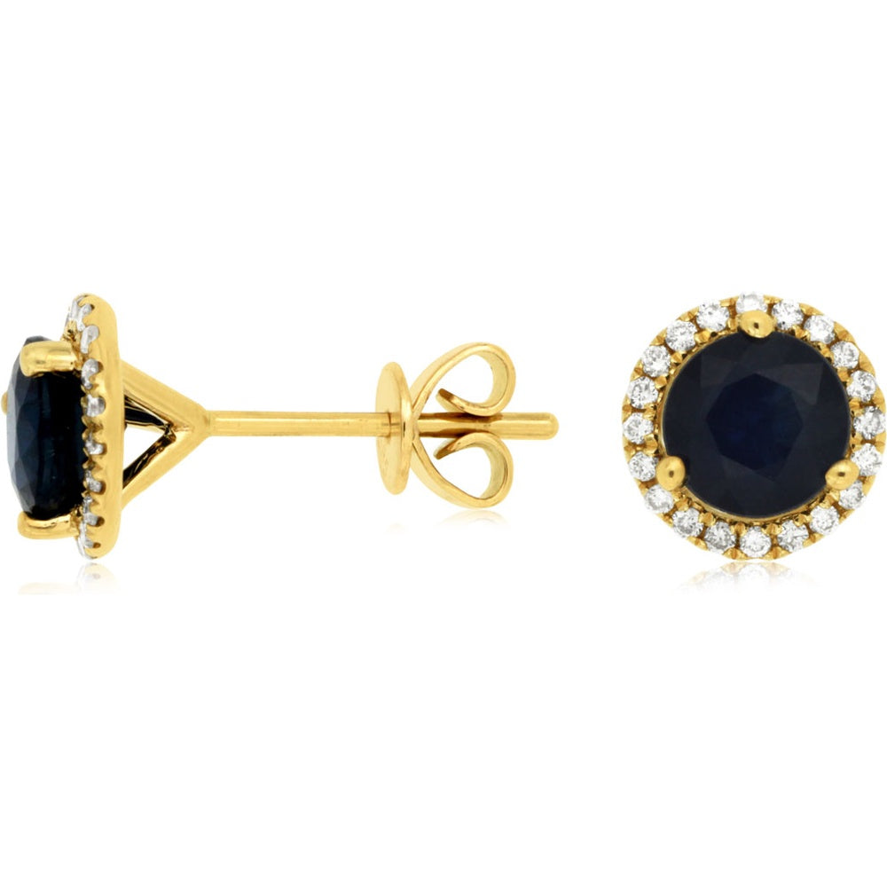 14K Yellow Gold Round Sapphire and Diamond Halo Stud Earrings - 1.60 Carat Total Sapphire Weight and 0.16 Carat Total Diamond Weight - Royal Jewelry