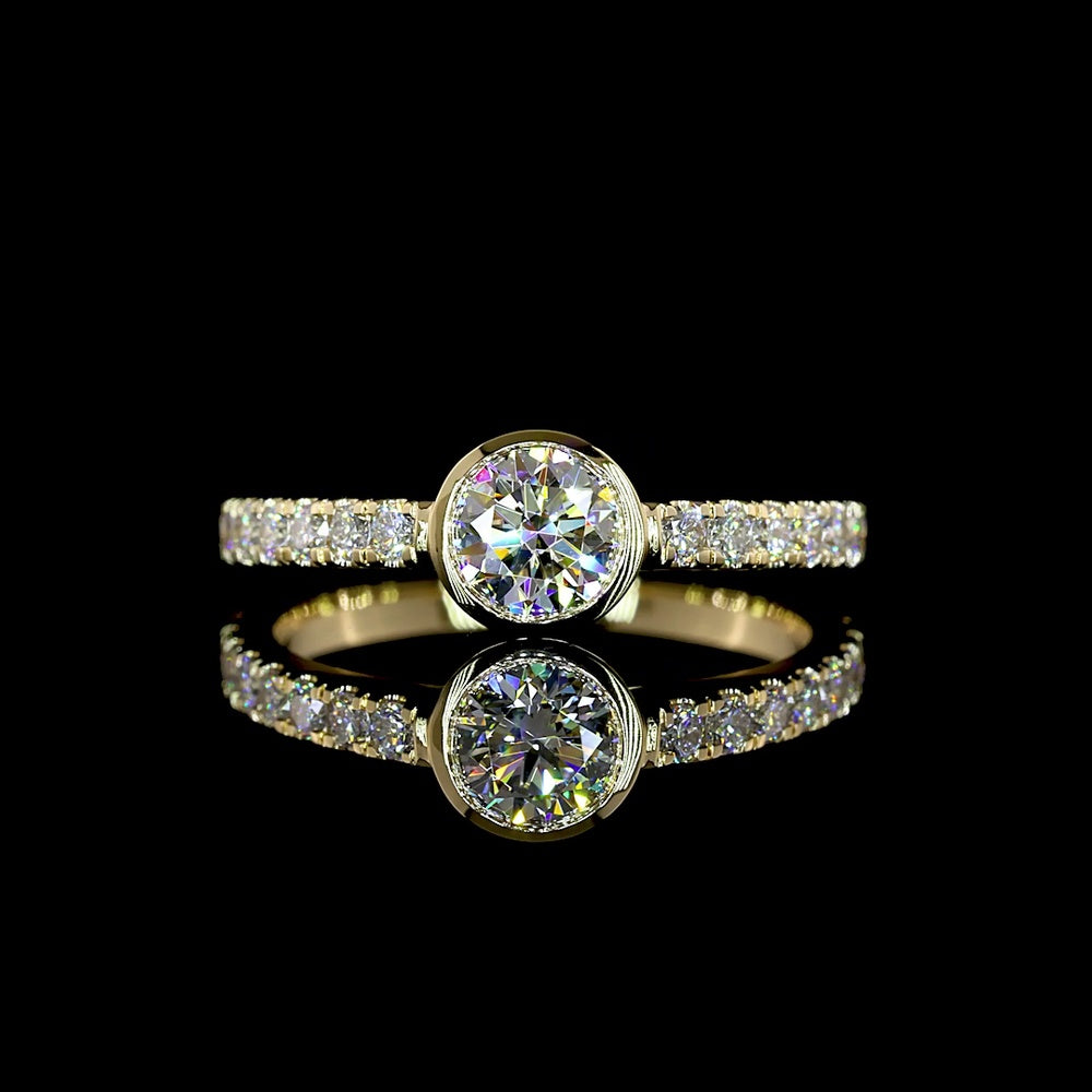 14K Yellow Gold Round Solitaire Diamond Ring with Bezel Center and Prong Set Diamond Shank - 0.85 Carat Total Weight Lab Diamonds (F VS1) - Covaloro Fine Jewelry