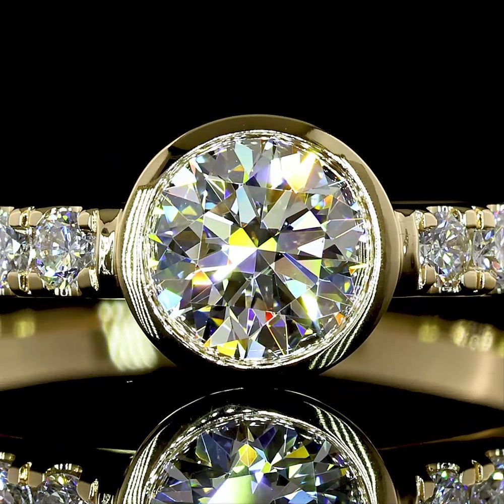 14K Yellow Gold Round Solitaire Diamond Ring with Bezel Center and Prong Set Diamond Shank - 0.85 Carat Total Weight Lab Diamonds (F VS1) - Covaloro Fine Jewelry