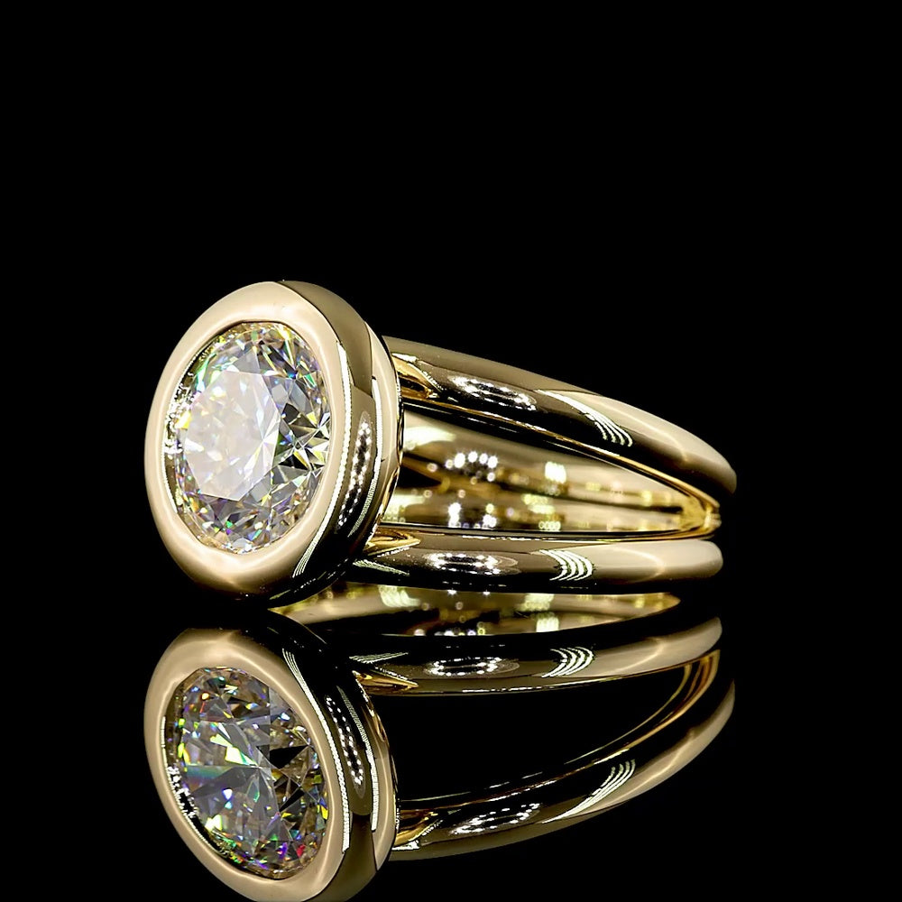 14K Yellow Gold Round Solitaire Ring with 3.01 Carat Lab Grown Brilliant Cut Diamond - F VS1 Clarity, E-F Color, Bezel Setting - Covaloro Fine Jewelry