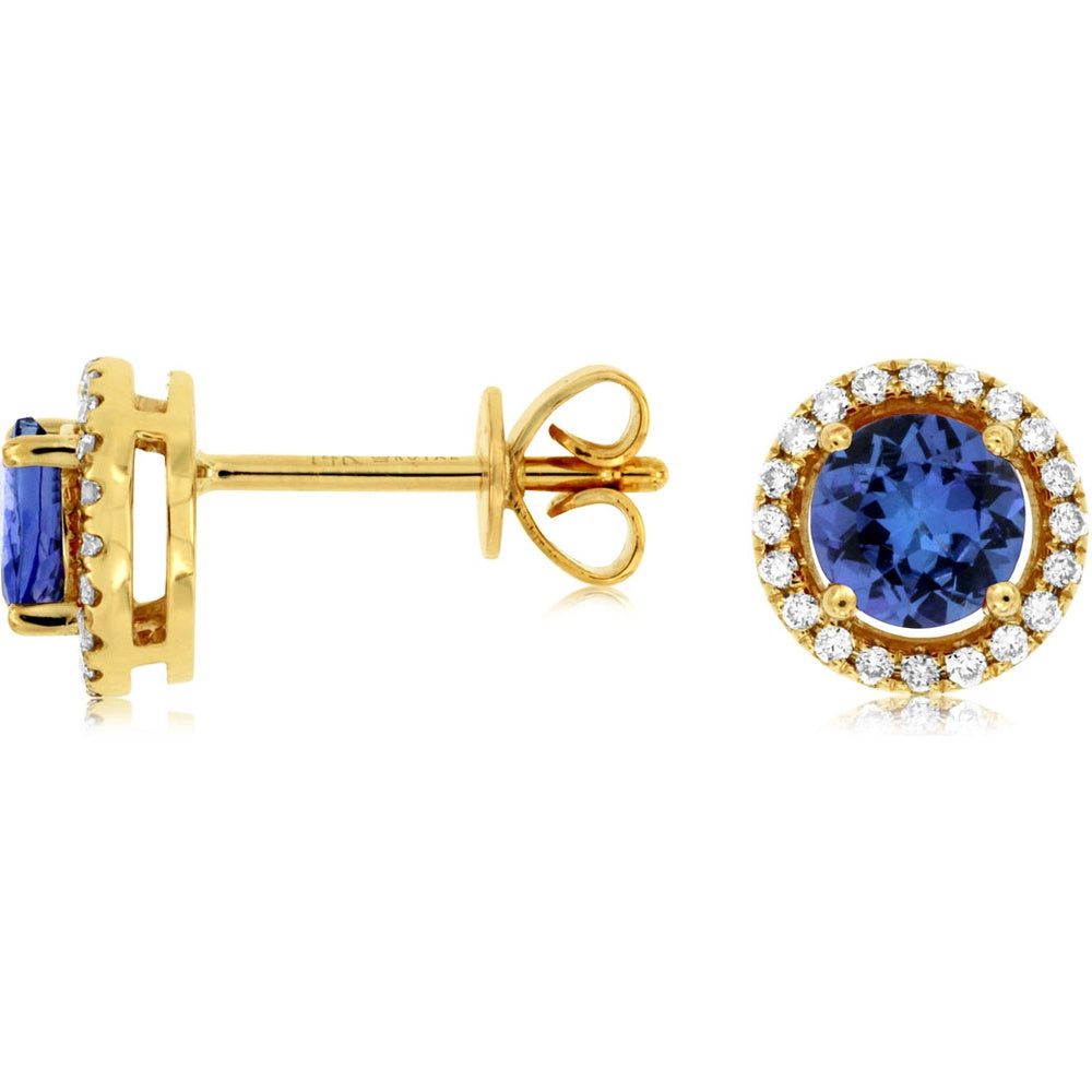 14K Yellow Gold Round Tanzanite and Diamond Halo Stud Earrings - 1.00 Carat Total Tanzanite Weight with 0.15 Carat Total Diamond Weight - Royal Jewelry