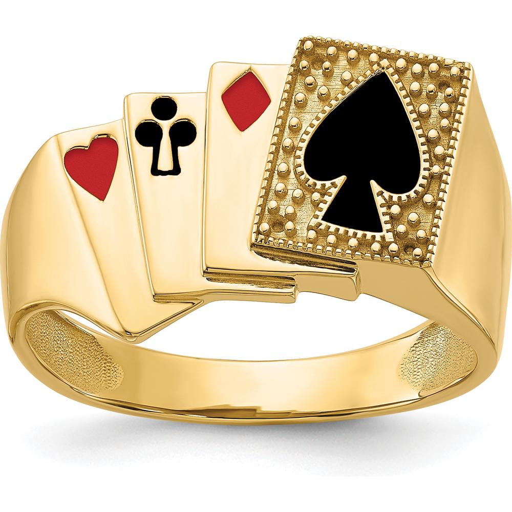 14K Yellow Gold Royal Flush Poker Ring with Red and Black Enamel Detailing by IBGoodman