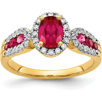 14K Yellow Gold Ruby and Diamond 3-Stone Ring with Oval and Round Rubies - 1.13 Carat Total Ruby Weight, 0.09 Carat Total Diamond Weight by 0