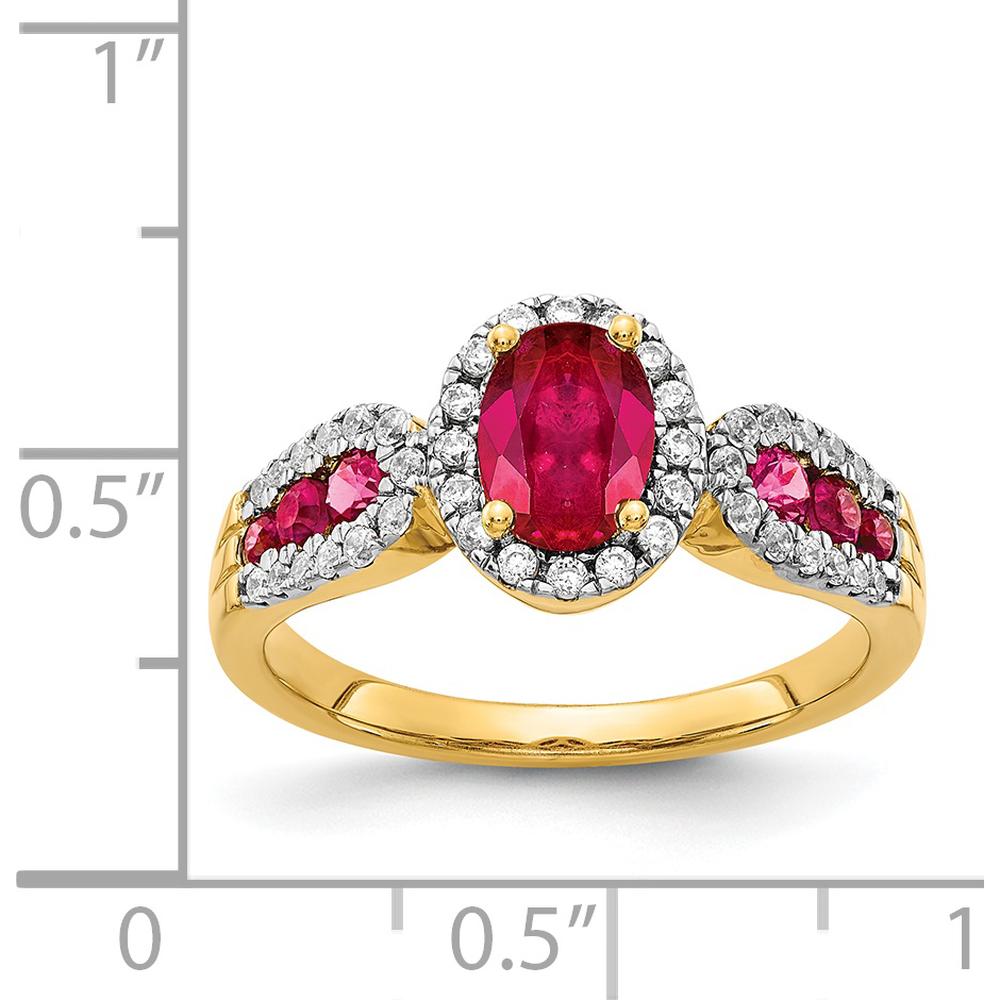 14K Yellow Gold Ruby and Diamond 3-Stone Ring with Oval and Round Rubies - 1.13 Carat Total Ruby Weight, 0.09 Carat Total Diamond Weight by 0