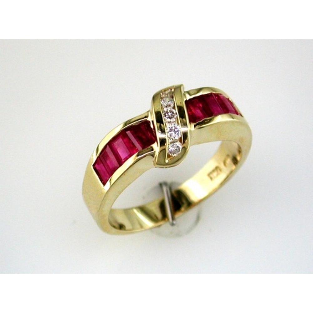 14K Yellow Gold Ruby & Diamond Band Ring with Baguette Rubies and Round Diamonds - 0.94 Carats Total Ruby & Diamond Weight