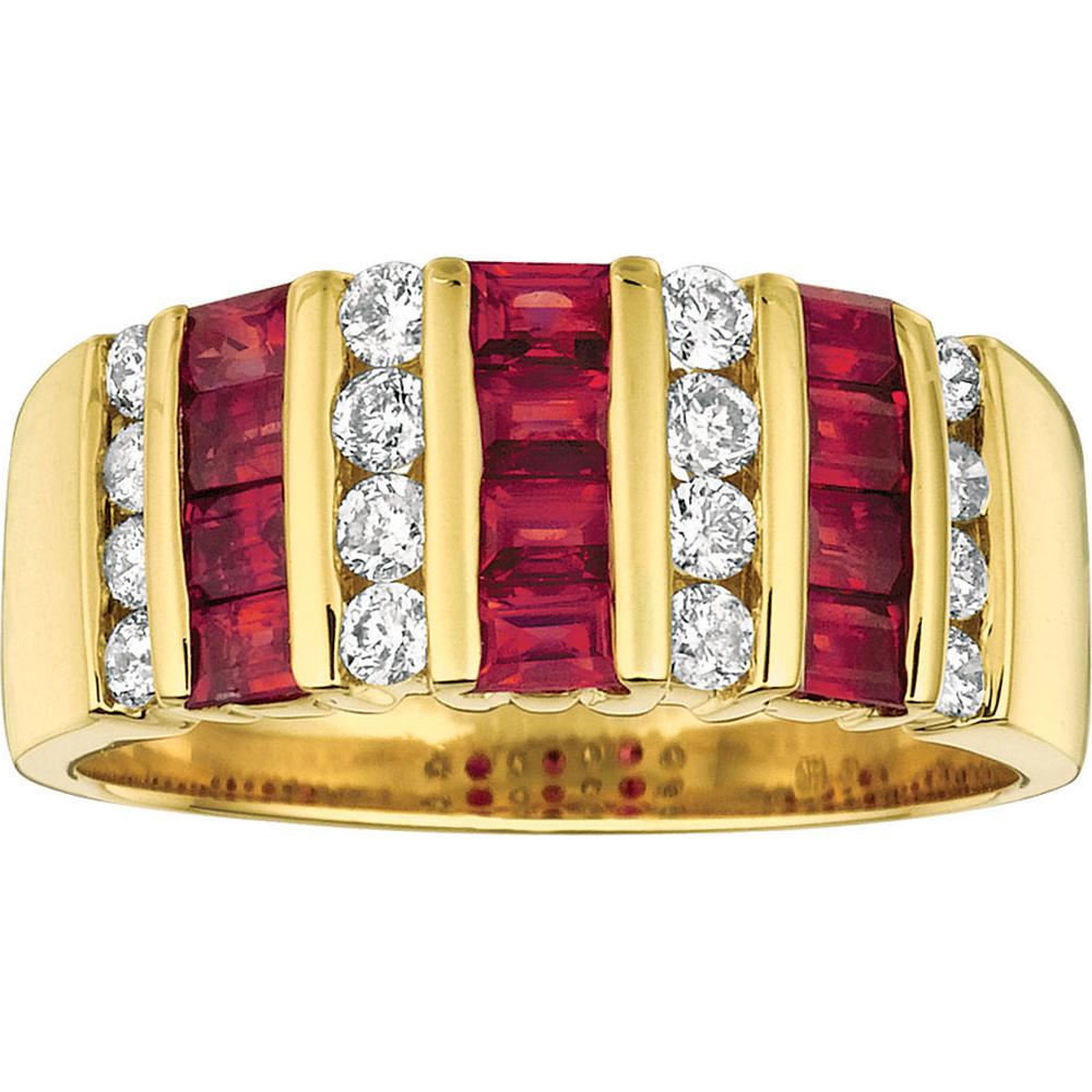 14K Yellow Gold Ruby & Diamond Band Ring with Baguette Rubies and Round Diamonds - 1.65 Carats Total Gem Weight