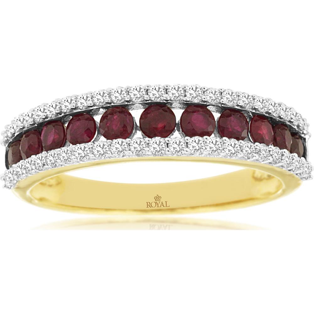 14K Yellow Gold Ruby and Diamond Band Ring with Round Channel Set Rubies and Diamond Borders - 0.80 Carat Total Ruby Weight, 0.38 Carat Total Diamond Weight - Royal Jewelry