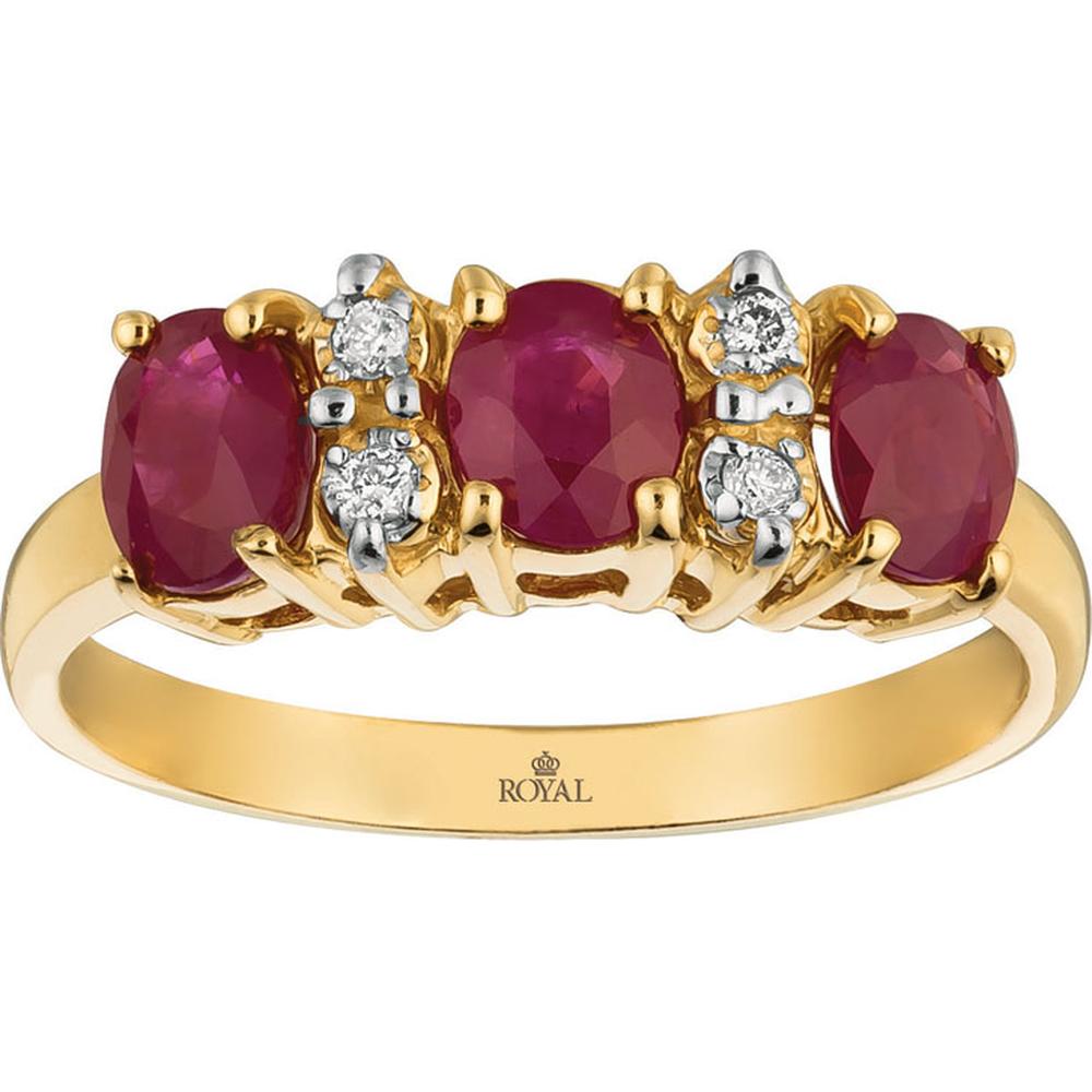 14K Yellow Gold Ruby & Diamond Band with Oval Rubies - 1.20 Carats Ruby, 0.06 Carats Diamonds
