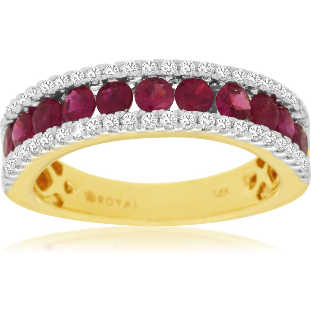14K Yellow Gold Ruby and Diamond Band with Round Rubies and Milgrain Detail - 1.10 Carat Ruby and 0.36 Carat Diamond Total Weight - Royal Jewelry