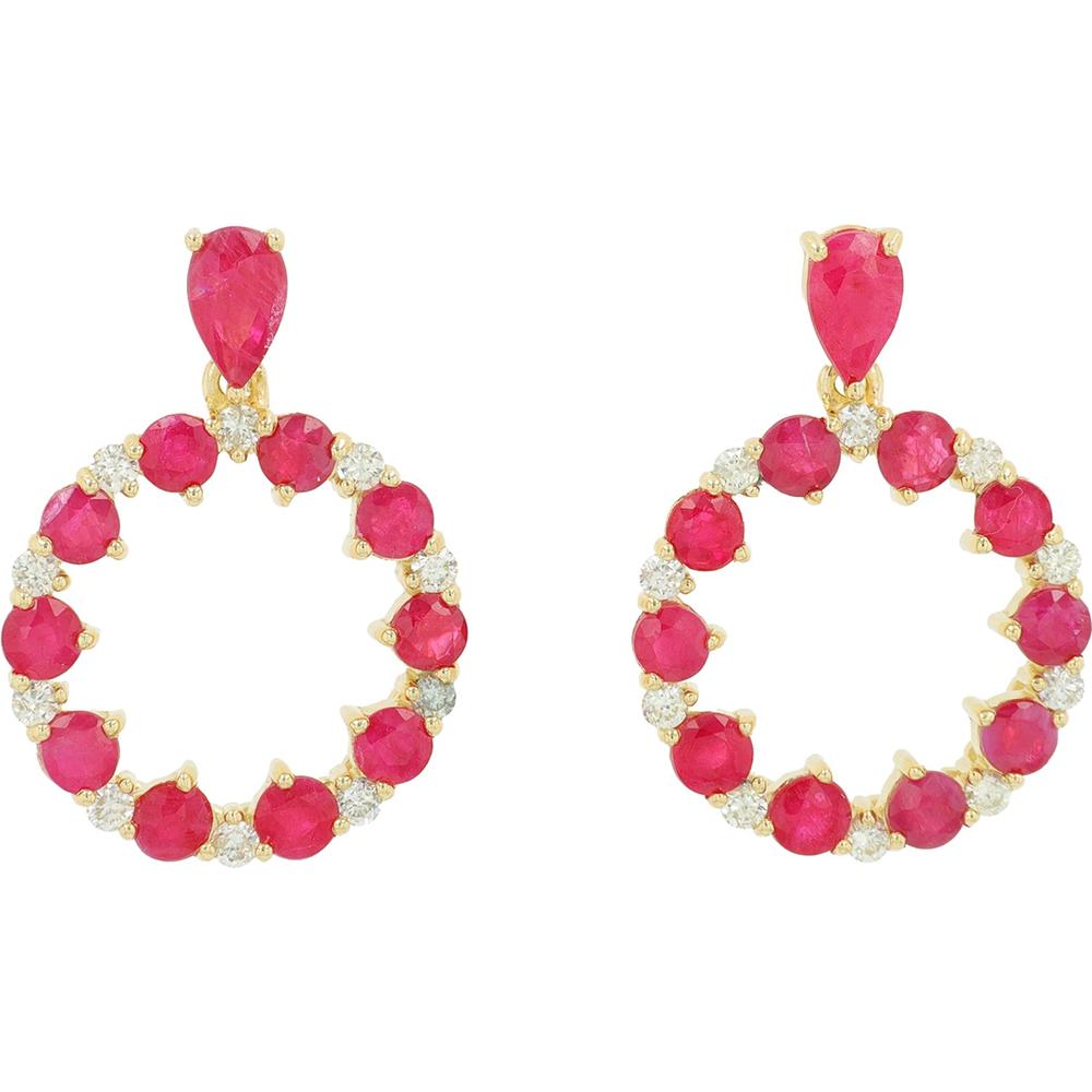 14K Yellow Gold Ruby and Diamond Circle Earrings - 2.75 Carat Total Gemstone Weight
