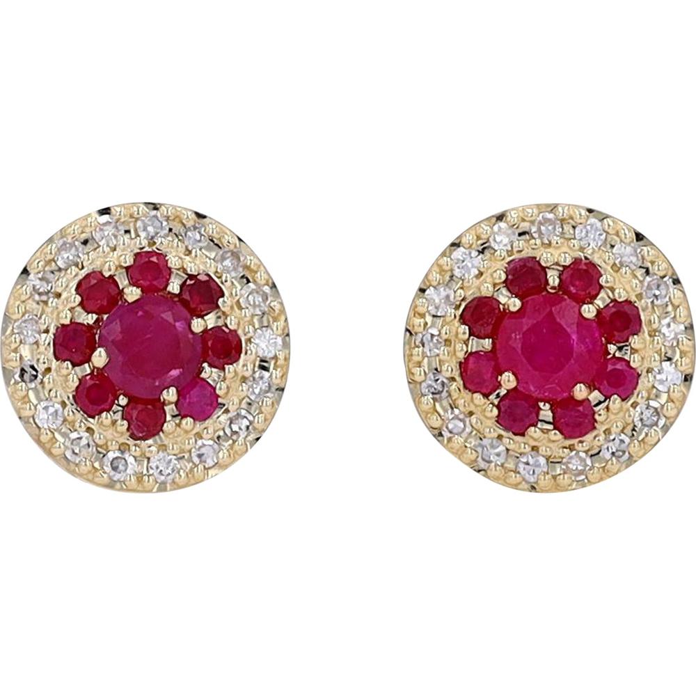 14K Yellow Gold Ruby and Diamond Cluster Stud Earrings - 0.55-0.65 Carat Ruby Total Weight, 0.16 Carat Diamond Total Weight