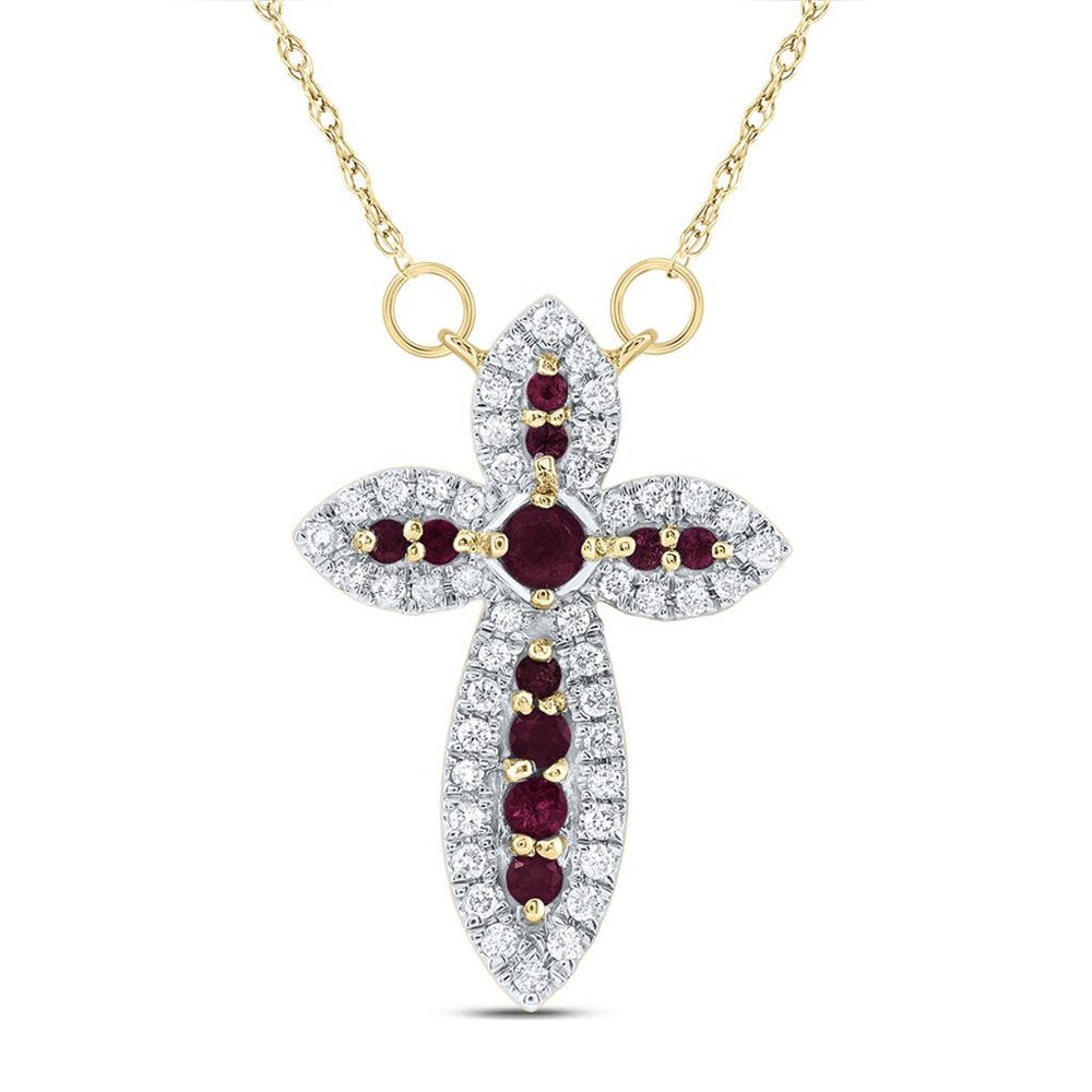 14K Yellow Gold Ruby and Diamond Cross 18-Inch Necklace - 1/2 Carat Total Gemstone Weight
