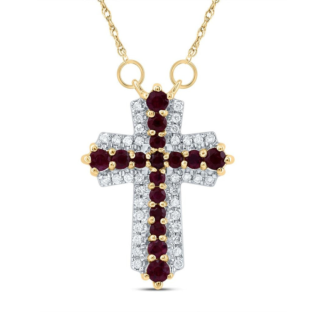 14K Yellow Gold Ruby and Diamond Cross 18-Inch Necklace - 5/8 Carat Total Gemstone Weight