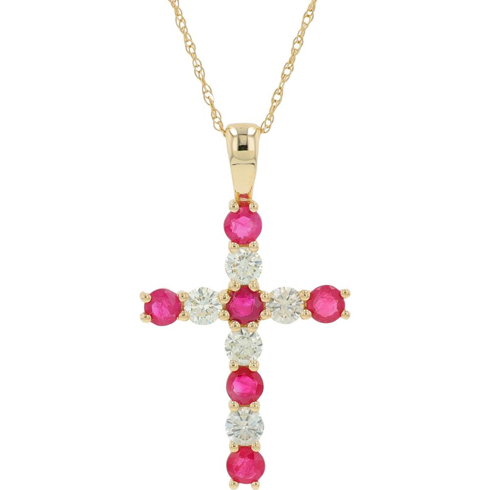 14K Yellow Gold Ruby and Diamond Cross Pendant - 0.80 Carat Ruby, 0.50 Carat Diamond Total Weight