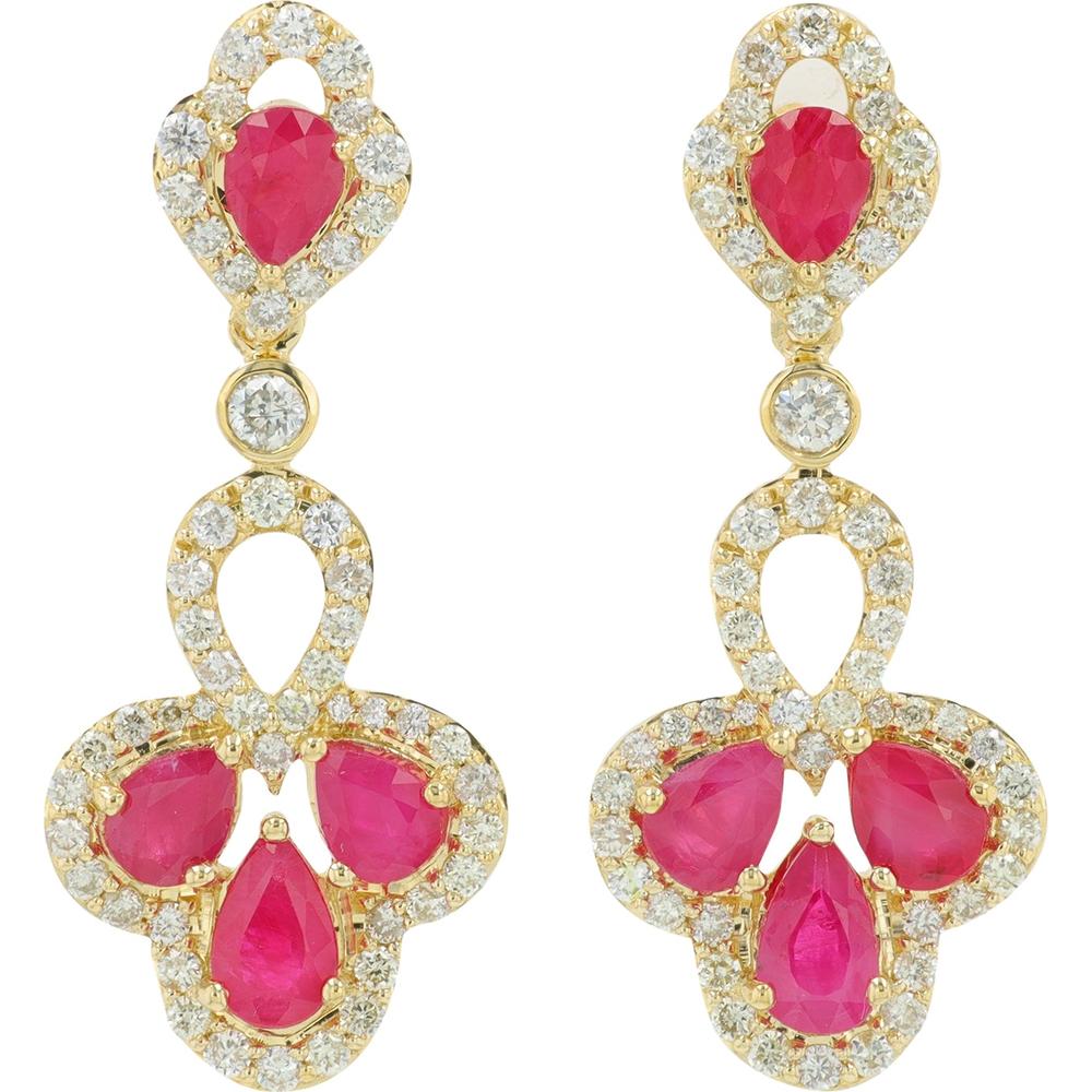 14K Yellow Gold Ruby and Diamond Dangle Earrings with Pear - Shaped Rubies and Diamond Halos - 1.75 Carat Total Ruby Weight, 0.70 Carat Total Diamond Weight