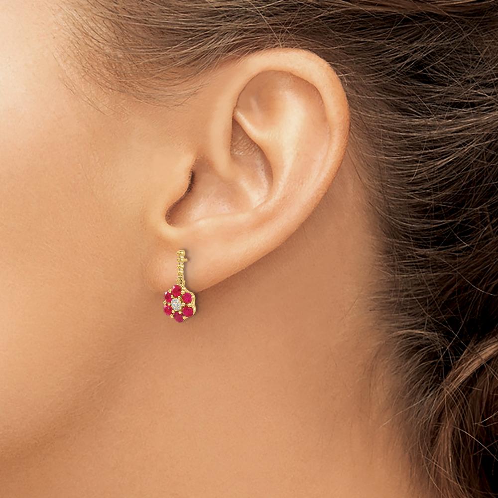 14K Yellow Gold Ruby and Diamond Drop Earrings - 0.09 Carat Ruby, 0.003 Carat Diamond by Monteluci Fine Jewelry