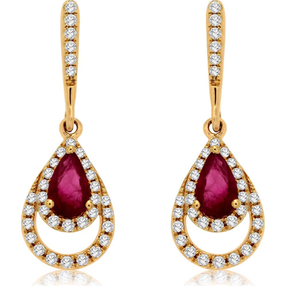 14K Yellow Gold Ruby and Diamond Drop Earrings - 0.88 Carats Total Gemstone Weight