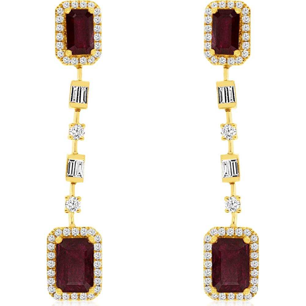 14K Yellow Gold Ruby & Diamond Drop Earrings - 2.32 Carats Total Ruby Weight, 0.32 Carats Total Diamond Weight