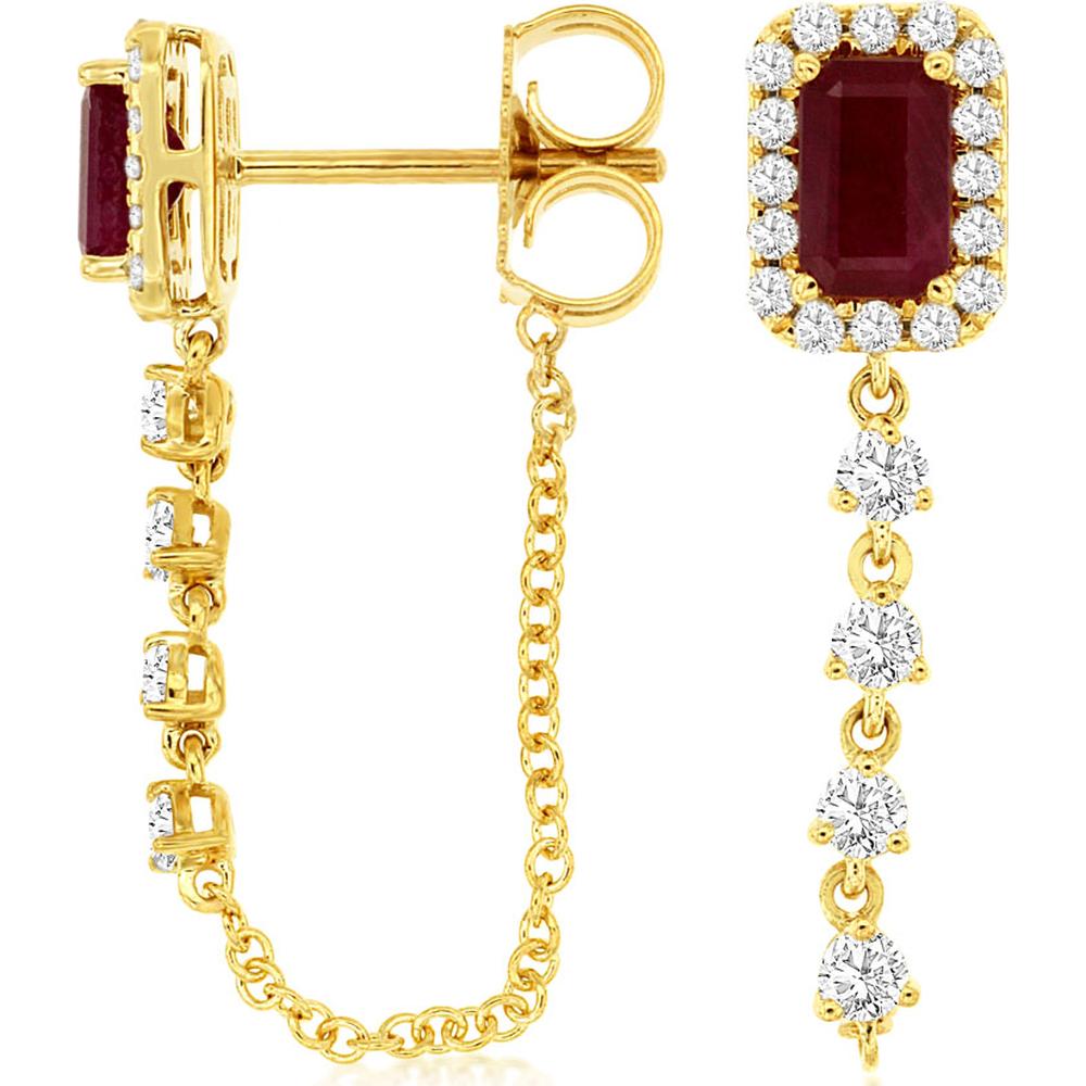 14K Yellow Gold Ruby and Diamond Drop Earrings with Emerald-Cut Ruby Halos and Round Diamond Drops - 0.70 Carat Total Ruby Weight and 0.40 Carat Total Diamond Weight - Royal Jewelry
