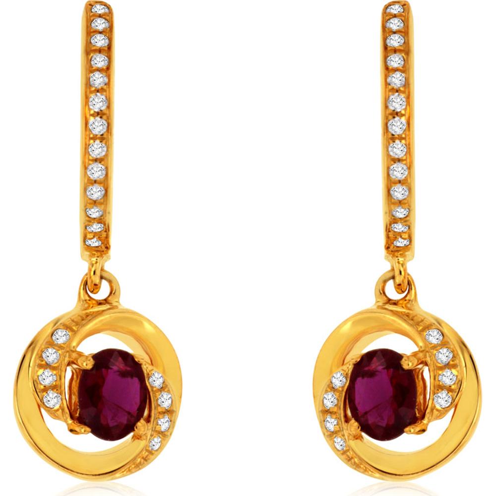 14K Yellow Gold Ruby & Diamond Drop Earrings with Oval Ruby - 0.40 Carats Total Ruby Weight, 0.10 Carats Total Diamond Weight