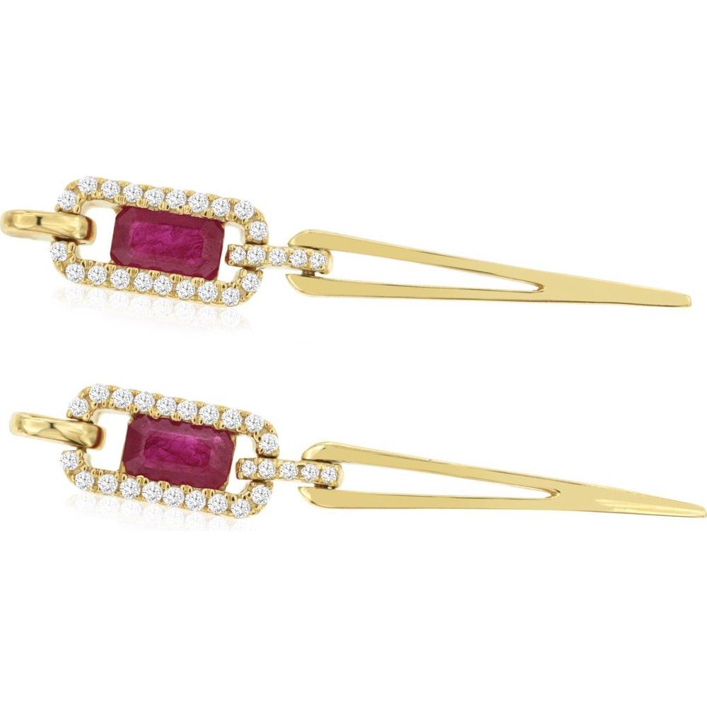 14K Yellow Gold Ruby and Diamond Drop Earrings with Rectangular Ruby Halo and Diamond Accents - 0.63 Carat Total Ruby Weight, 0.19 Carat Total Diamond Weight - Royal Jewelry