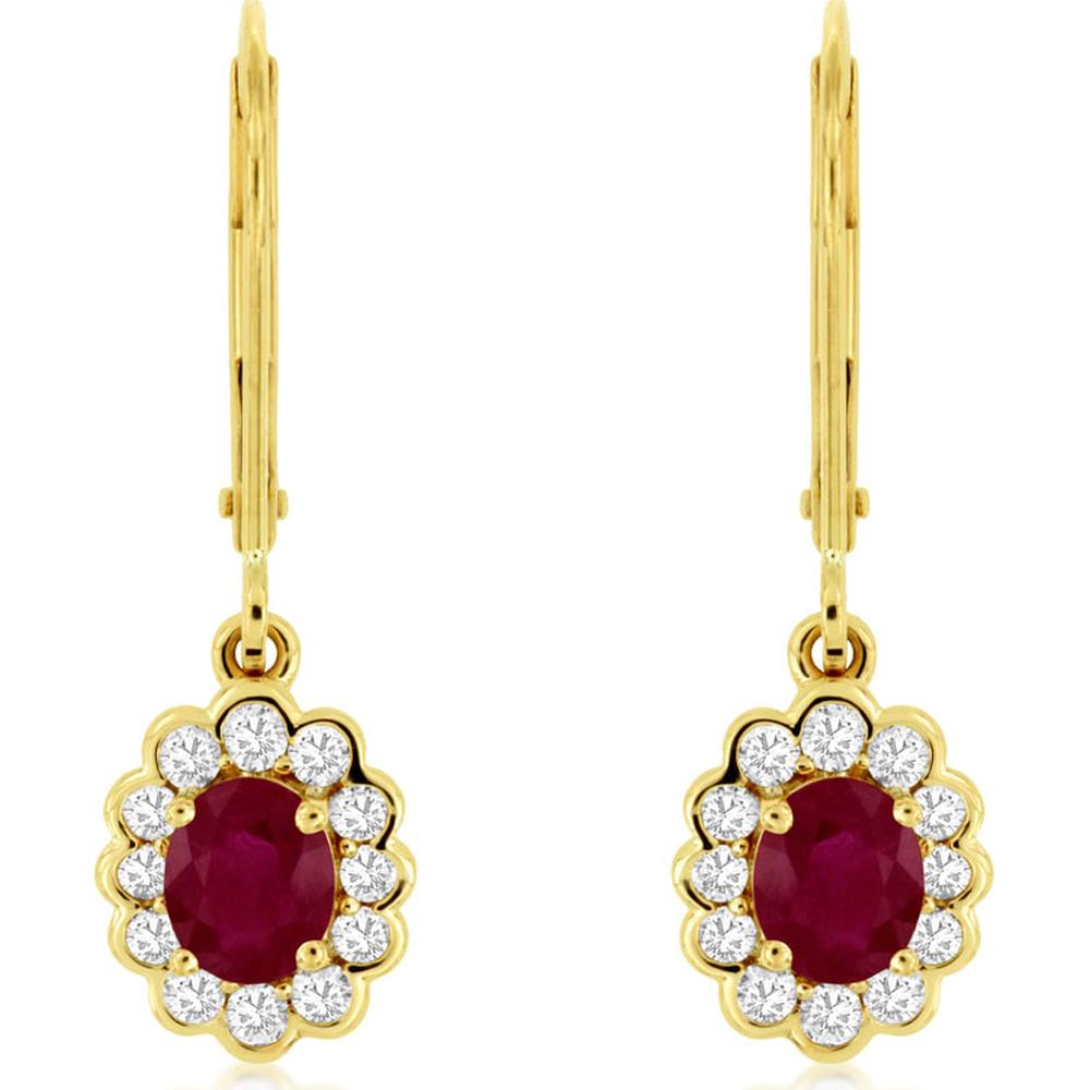 14K Yellow Gold Ruby and Diamond Floral Halo Drop Earrings - 0.33 Carat Total Diamond Weight, 0.80 Carat Total Ruby Weight - Royal Jewelry