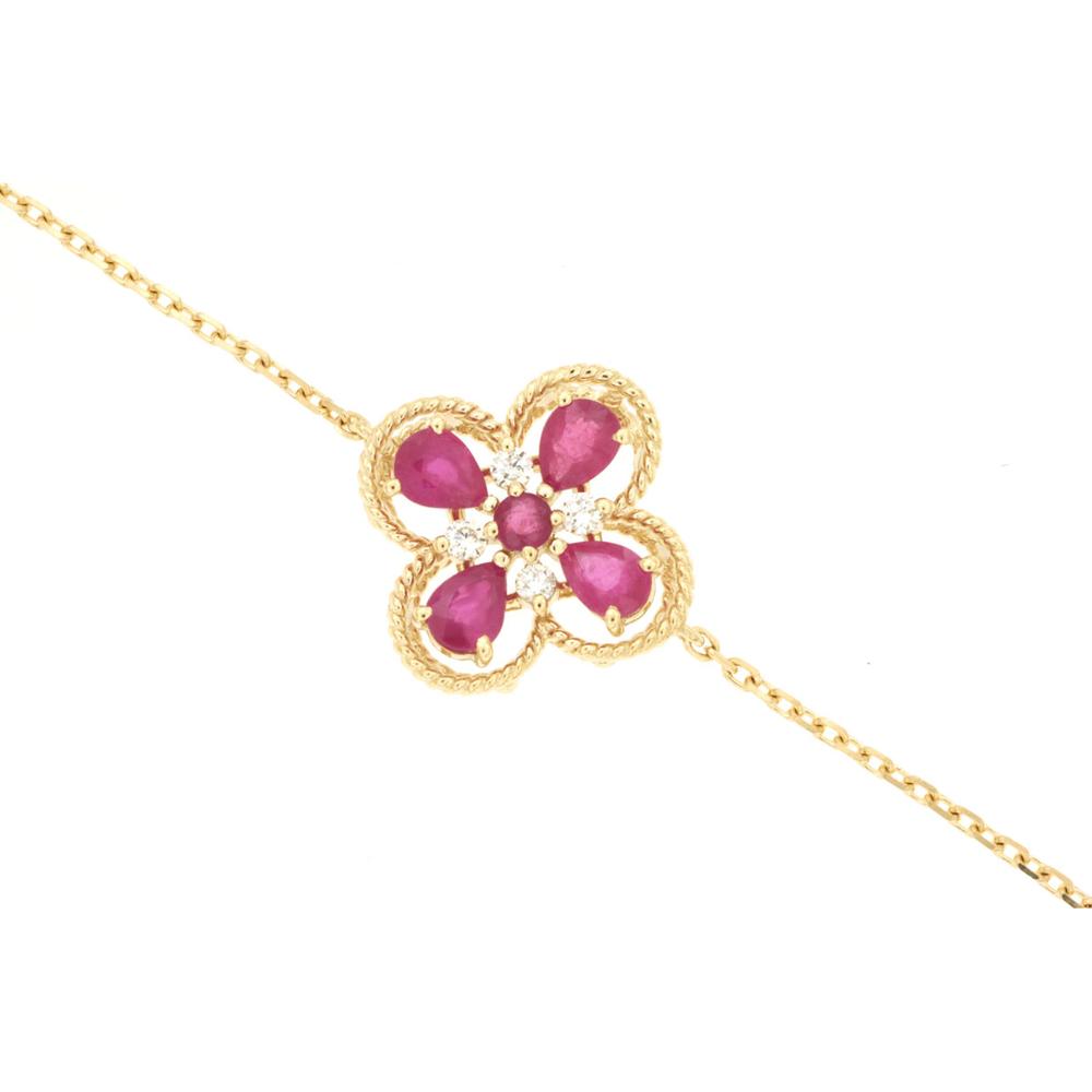 14K Yellow Gold Ruby & Diamond Flower Bracelet - 0.90 Carats Ruby & 0.08 Carats Diamond Weight