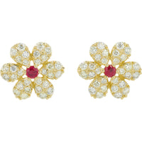 14K Yellow Gold Ruby and Diamond Flower Earrings - 0.28 Carat Total Ruby Weight, 1.42 Carat Total Diamond Weight
