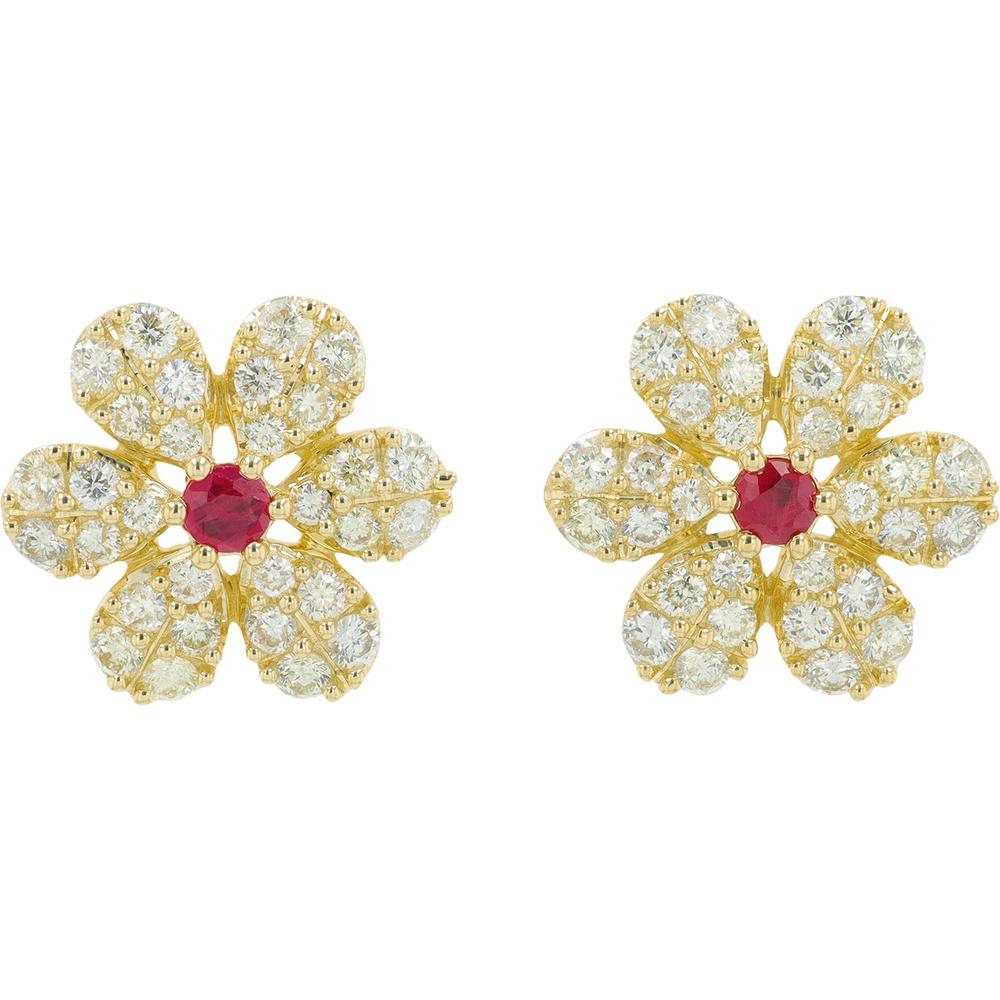 14K Yellow Gold Ruby and Diamond Flower Earrings - 0.28 Carat Total Ruby Weight, 1.42 Carat Total Diamond Weight