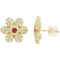 14K Yellow Gold Ruby and Diamond Flower Earrings - 0.28 Carat Total Ruby Weight, 1.42 Carat Total Diamond Weight