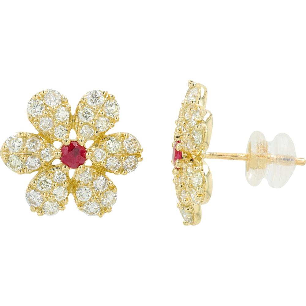 14K Yellow Gold Ruby and Diamond Flower Earrings - 0.28 Carat Total Ruby Weight, 1.42 Carat Total Diamond Weight