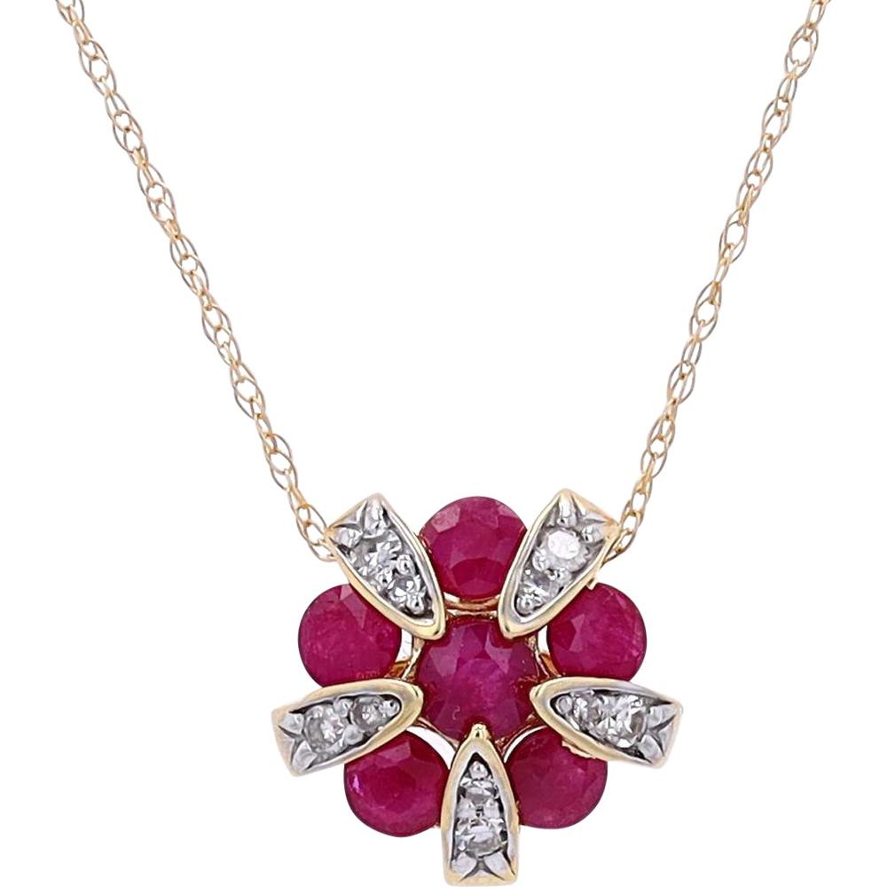 14K Yellow Gold Ruby and Diamond Flower Pendant - 0.09 Carats Diamond Accents