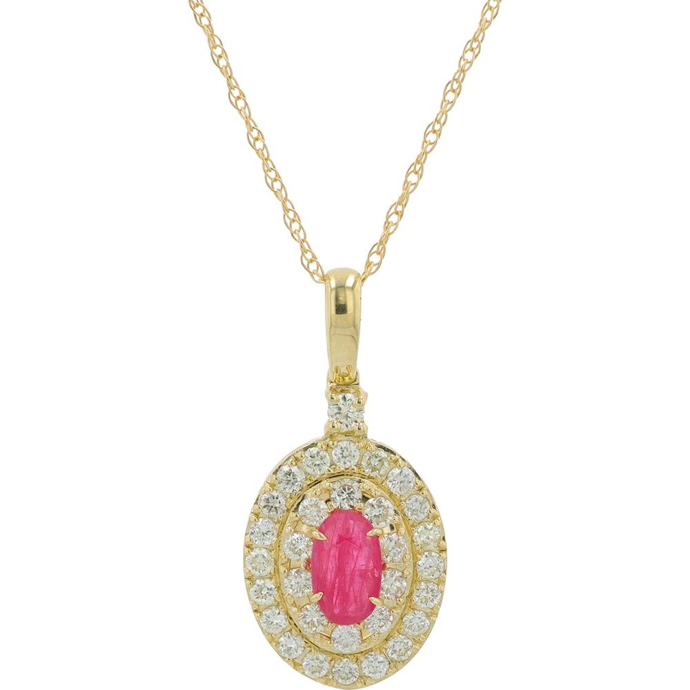 14K Yellow Gold Ruby and Diamond Halo Necklace - 0.25-0.30 Carat Ruby and 0.30 Carat Total Diamond Weight