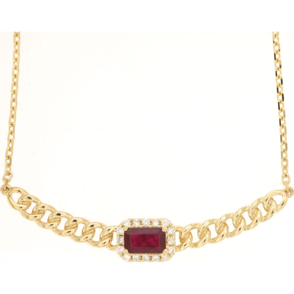 14K Yellow Gold Ruby & Diamond Halo Necklace with Emerald Cut Center and Fancy Curb Links - 0.35 Carat Ruby, 0.07 Carat Diamond Total Weight - Royal Jewelry