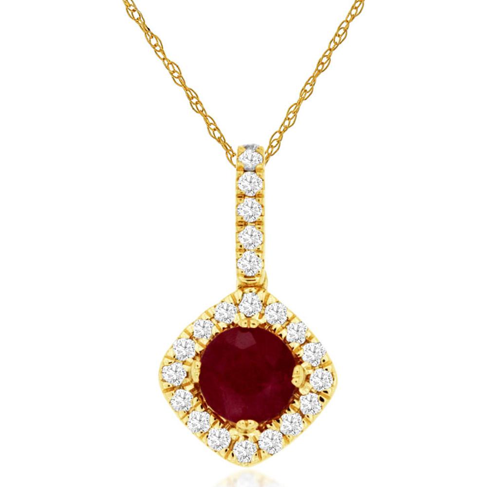 14K Yellow Gold Ruby & Diamond Halo Pendant - 0.47 Carats Ruby & 0.16 Carats Diamond Weight