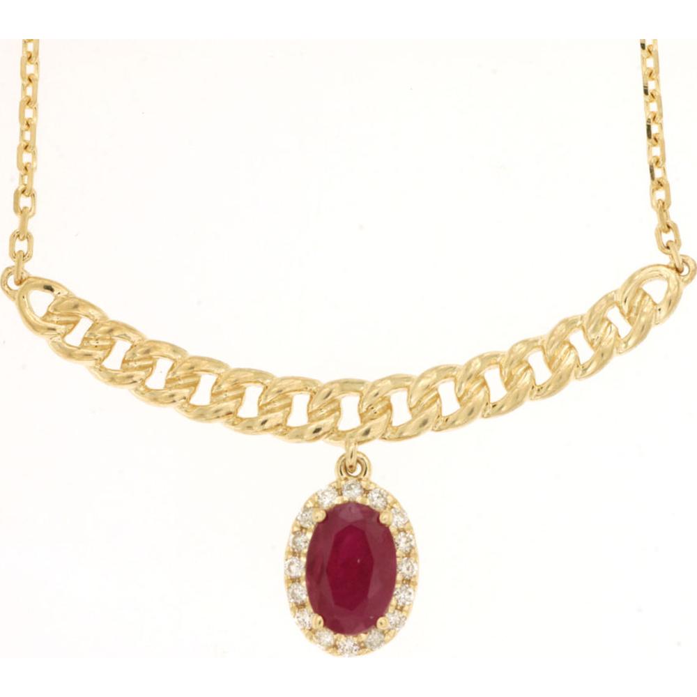 14K Yellow Gold Ruby & Diamond Halo Pendant Necklace with Curb Chain - 0.56 Carat Ruby, 0.07 Carat Total Diamond Weight - Royal Jewelry