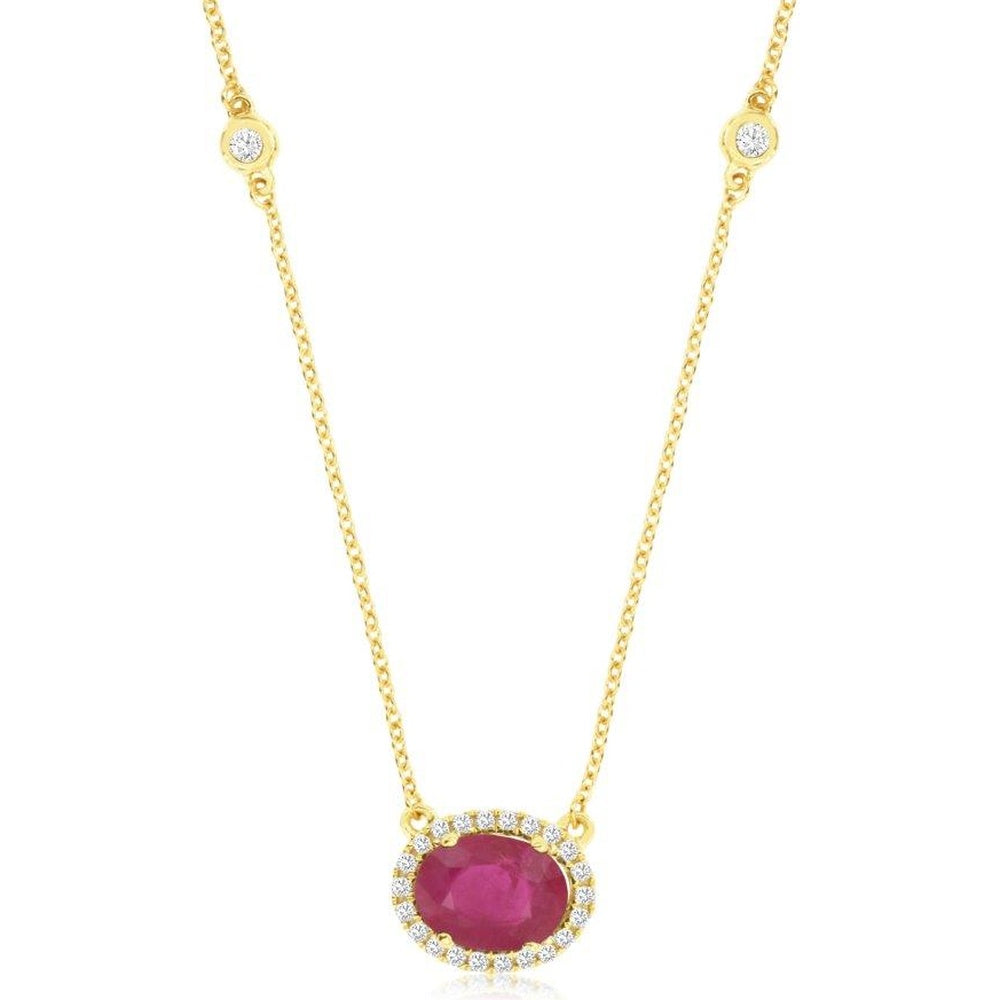 14K Yellow Gold Ruby and Diamond Halo Pendant Necklace with Diamond Station Accents - 1.25 Carat Oval Ruby and 0.27 Carat Total Diamond Weight - Royal Jewelry