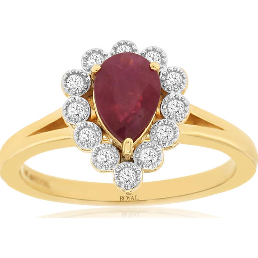 14K Yellow Gold Ruby & Diamond Halo Ring - 0.90 Carats Ruby, 0.12 Carats Diamond Total Weight