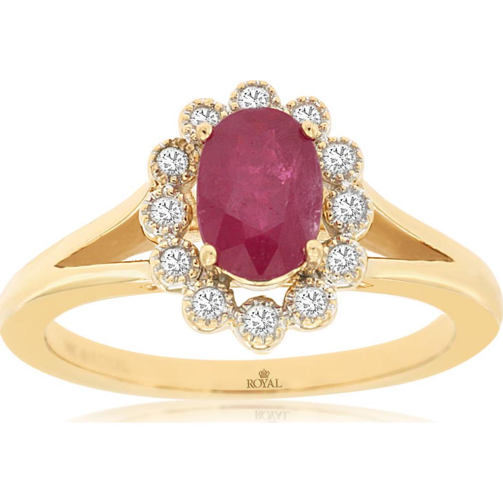 14K Yellow Gold Ruby & Diamond Halo Ring - 0.90 Carats Ruby, 0.12 Carats Diamond Weight
